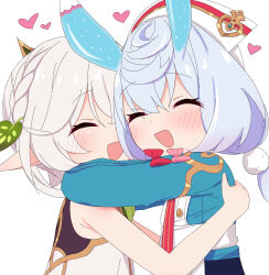 2girls :d azbchan1221 blue_hair blush braid closed_eyes commentary_request crown_braid dress from_side genshin_impact glowing_horns grey_hair hair_ornament heart highres horns hug kodomo_doushi leaf_hair_ornament long_hair long_sleeves multiple_girls nahida_(genshin_impact) open_mouth pointy_ears ponytail short_ponytail sigewinne_(genshin_impact) simple_background sleeveless sleeveless_dress smile upper_body white_background white_dress yuri