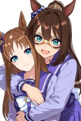 2girls :d animal_ears blue_eyes blue_ribbon bow brown_hair commentary_request ear_ribbon el_condor_pasa_(umamusume) eye_mask grass_wonder_(umamusume) highres horse_ears horse_girl hug hug_from_behind long_hair long_sleeves looking_at_viewer multiple_girls open_mouth reibun_(raven1119) ribbon school_uniform simple_background smile tracen_school_uniform umamusume white_background