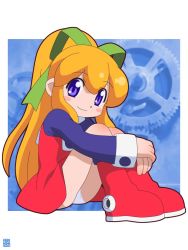 blonde_hair blue_eyes boots capcom dress gear hatomugisan loli long_hair looking_at_viewer mega_man_(classic) mega_man_(series) panties pantyshot ponytail red_dress ribbon roll_(mega_man) slime underwear upskirt