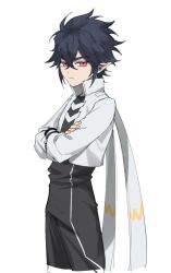 1boy aged_down aotu_world black_hair black_pants black_shirt chinese_commentary closed_mouth cowboy_shot crossed_arms hair_between_eyes highres jacket long_sleeves looking_at_viewer male_focus mu20174305 open_clothes pants pointy_ears purple_eyes ray_(aotu_world) shirt short_hair simple_background solo white_background white_jacket
