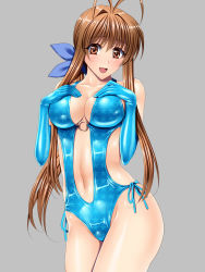 Rule 34 | 00s, 1girl, bad id, bad pixiv id, bare shoulders, brown eyes, brown hair, casual one-piece swimsuit, center opening, clannad, elbow gloves, female focus, furukawa sanae, gloves, highres, long hair, looking at viewer, mature female, navel, o-ring, o-ring swimsuit, one-piece swimsuit, sen (sansui), shiny clothes, solo, swimsuit