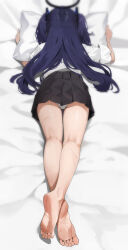 1girl ass barefoot bed_sheet black_skirt blue_archive feet full_body halo highres kagemoe1003 kneepits long_hair lying mechanical_halo on_stomach pillow pleated_skirt purple_hair shirt short_sleeves skirt soles solo toes two_side_up white_shirt yuuka_(blue_archive)