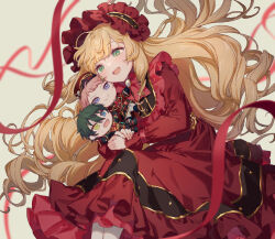1girl 2boys black_hair blonde_hair blue_eyes closed_mouth doll dress ensemble_stars! green_eyes hair_between_eyes heterochromia highres itsuki_shu kagehira_mika long_hair long_sleeves mademoiselle_(ensemble_stars!) multiple_boys open_mouth pink_hair purple_eyes red_dress red_ribbon ribbon short_hair yellow_eyes yutsumoe