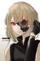Rule 34 | 1girl, absurdres, android, black gloves, black shirt, broken skin, character name, chinese commentary, chromatic aberration, flat chest, glitch, gloves, glowing, glowing eye, highres, looking at viewer, orrery (orrery214), red eyes, scp-191, scp foundation, shirt, sleeveless, sleeveless shirt, smile, solo