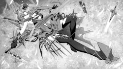 1girl :d absurdres asymmetrical_gloves black_footwear black_gloves breasts claymore_(sword) cleavage dress full_body gloves greatsword greyscale grin highleg highleg_leotard highres holding holding_sword holding_weapon honkai_(series) honkai_impact_3rd large_breasts leotard looking_at_viewer mismatched_gloves monochrome murata_himeko murata_himeko_(blood_rose) official_art open_mouth planted planted_sword planted_weapon shoe_soles smile solo sword torn_clothes torn_dress torn_footwear weapon