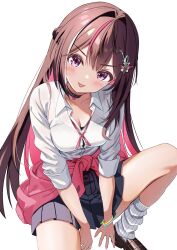 1girl azki_(hololive) black_skirt bra bra_peek bracelet breasts choker cleavage clothes_around_waist collarbone colored_inner_hair dress_shirt flower_hairpin hair_intakes half_updo heart heart_choker highres hololive jewelry large_breasts loafers long_hair loose_socks miniskirt multicolored_hair neck_ribbon partially_unbuttoned pink_hair pink_nails pink_ribbon pleated_skirt purple_eyes ribbon shirt shoes skirt sleeves_rolled_up socks solo streaked_hair tongue tongue_out tooo88 underwear virtual_youtuber white_background white_shirt