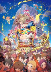 6+girls bare_shoulders bikini bikini_top_only blonde_hair blue_eyes blush breasts brown_eyes brown_hair building calligraphy_brush cheerleader covered_erect_nipples crowd festival giant_brush green_eyes highres long_hair mebae midriff multiple_girls navel open_mouth original paintbrush panties pink_hair pixiv pom_pom_(cheerleading) ponytail short_hair side_ponytail skirt sky small_breasts smile sweat swimsuit underwear wet wet_clothes yellow_eyes