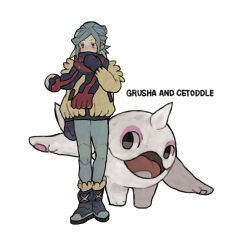 Rule 34 | 1boy, absurdres, aqua hair, arm at side, blue boots, blue mittens, blue scarf, boots, cetoddle, character name, commentary request, grusha (pokemon), hand up, highres, ichi kawa ichi, jacket, legs together, long sleeves, looking down, male focus, mittens, nintendo, pants, poke ball print, pokemon, pokemon (creature), pokemon sv, scarf, scarf over mouth, standing, striped clothes, striped scarf, white background, yellow jacket