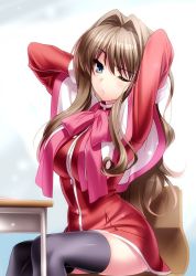 Rule 34 | 1girl, arms up, black thighhighs, blue eyes, brown hair, desk, female focus, hair intakes, kanon, long hair, misaka kaori, one eye closed, school desk, school uniform, sitting, solo, thighhighs, zen