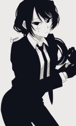 1girl artist_name black_gloves cross cross_facial_mark ebponpoa13 facial_mark gloves greyscale kagurabachi long_sleeves masumi_sumi monochrome necktie solo standing white_background