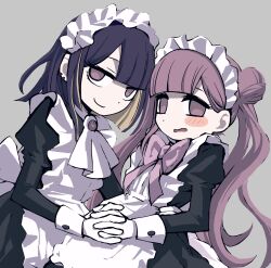 1boy 1girl apron blush brother_and_sister closed_mouth crossdressing eyelashes grey_background holding_hands long_hair looking_at_viewer maid maid_apron maid_headdress matching_hair/eyes open_mouth pink_eyes pink_hair purple_hair siblings simple_background smile the_hundred_line_-last_defense_academy- tsukumo_ima tsukumo_kako twins twintails