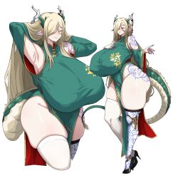 1girl adjusting_hair amx1375 antler_ornament antlers arm_tattoo armpit_cutout armpits arms_behind_head blonde_hair breasts china_dress chinese_clothes closed_eyes clothing_cutout covered_erect_nipples dragon_girl dragon_tail dress from_side gigantic_breasts hair_over_one_eye high_heels highleg highleg_dress hip_tattoo horn_ornament horns huge_breasts lips long_hair multiple_views no_panties one_eye_covered original pointy_ears prosthesis prosthetic_leg single_thighhigh sleeveless sleeveless_dress solo standing tail tattoo thick_thighs thighhighs thighs white_background white_thighhighs