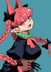 1girl :d animal_ears black_bow black_dress blue_background bow braid breasts brown_corset cat_ears cat_girl commentary_request corset dress extra_ears fangs fuuzasa hair_bow highres kaenbyou_rin long_hair looking_at_viewer medium_breasts open_mouth pointy_ears red_bow red_eyes red_hair slit_pupils smile solo teeth touhou twin_braids upper_body upper_teeth_only very_long_hair