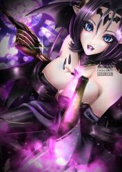Rule 34 | 1girl, bare shoulders, black hair, black nails, black wings, blue eyes, breasts, breath, cleavage, demon girl, demon wings, digimon, digimon (creature), eyeshadow, highres, holding, holding smoking pipe, japanese clothes, kimono, large breasts, light smile, lilithmon, makeup, onikuyasan1224, purple eyeshadow, smoking pipe, solo, wings