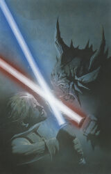 2boys blonde_hair blue_lightsaber cade_skywalker clenched_teeth darth_krayt energy_sword fighting gloves helmet highres holding holding_sword holding_weapon lightsaber multiple_boys red_lightsaber short_hair star_wars star_wars:_legacy sword teeth travis_charest weapon