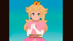 1980s_(style) 1girl :d animated animated_gif anime_coloring blinking blonde_hair blue_eyes breasts cameo chocomiru commentary crown dress earrings elbow_gloves english_commentary english_text eyelashes fake_screenshot female_focus film_grain flat_chest gloves jewelry long_hair looking_at_viewer making-of_available mario mario_(series) nintendo oldschool open_mouth own_hands_together parody parted_bangs pillarboxed pink_dress princess princess_peach puffy_short_sleeves puffy_sleeves raised_eyebrows retro_artstyle short_sleeves smile solo style_parody subtitled super_mario_bros._1 talking upper_body vhs_artifacts w_arms white_gloves
