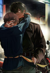Rule 34 | 2boys, arms around neck, belt, belt buckle, black belt, black jacket, black pants, black shirt, blue jacket, buckle, gogo (go2z3), green eyes, green hair, grey hair, hair over one eye, hand in another&#039;s hair, hand in pocket, highres, jacket, leather, leather jacket, lighter (zenless zone zero), long sleeves, motor vehicle, motorcycle, multiple boys, night, official alternate costume, pants, shirt, smile, turtleneck, turtleneck shirt, wise (zenless zone zero), yaoi, yellow belt, zenless zone zero