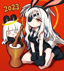 1girl 2023 angel angel_wings animal_ears animal_hands blue_hair chibi chinese_zodiac commentary dated english_commentary eyepatch fake_animal_ears fake_tail feathered_wings food gloves halo halo_behind_head head_wings highres kneeling leotard long_hair mochi mochitsuki mortar_(bowl) multiple_wings new_year orange_eyes original paw_gloves paw_shoes playboy_bunny rabbit_ears rabbit_tail red_background satanmanse tail white_hair white_wings wings year_of_the_rabbit