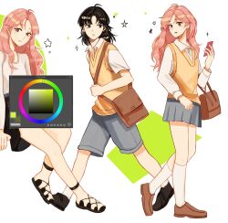 2girls bag black_eyes black_hair black_shoes black_skirt breasts brown_bag brown_eyes brown_shoes cellphone clip_studio_paint closed_mouth collared_shirt commentary cowboy_shot earrings english_commentary full_body grey_shorts grey_skirt handbag highres holding holding_phone holding_strap jewelry kininatteru_hito_ga_otoko_ja_nakatta koga_mitsuki long_sleeves looking_at_another medium_hair miniskirt multiple_girls oosawa_aya parted_bangs parted_lips phone pink_hair pleated_skirt qitsunne shirt shoes short_sleeves shorts shoulder_bag sitting skirt small_breasts smartphone standing star_(symbol) sweater_vest walking white_background white_shirt wing_collar yellow_sweater_vest