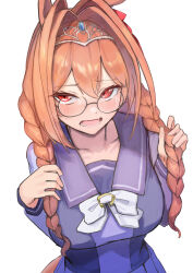 1girl absurdres amepa_(ame_pinecandy) animal_ears antenna_hair bespectacled blush bow bowtie braid breasts commentary_request daiwa_scarlet_(umamusume) fang furrowed_brow glasses hair_intakes hand_up highres holding holding_own_hair horse_ears horse_girl large_breasts long_hair long_sleeves looking_at_viewer low_twintails open_mouth purple_shirt purple_skirt red_eyes red_hair revision rimless_eyewear round_eyewear sailor_collar school_uniform shirt simple_background skin_fang skirt solo tiara tracen_school_uniform twin_braids twintails umamusume white_background