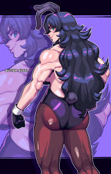 1girl animal_ears aqua_eyes artist_name ass backless_leotard black_gloves black_hair black_hairband black_leotard breasts brown_pantyhose butter_sugoi commentary detached_collar fake_animal_ears fake_tail from_behind gloves hairband hand_on_own_hip highres large_breasts leotard long_hair muscular muscular_female original pantyhose playboy_bunny rabbit_ears rabbit_tail sideboob smile solo strapless strapless_leotard tail torn_clothes torn_pantyhose very_long_hair wavy_hair zoom_layer