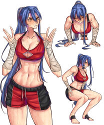 Rule 34 | 1girl, abs, absurdres, bandaged arm, bandages, blue hair, breasts, briefs, cleavage, cleavage cutout, clothing cutout, commentary, commission, double-parted bangs, eiyuu densetsu, english commentary, exercising, full body, highres, large breasts, laura s. arseid, long sidelocks, male underwear, moren eh, muscular, muscular female, ponytail, push-ups, sen no kiseki, sen no kiseki (series), sen no kiseki iii, sidelocks, simple background, solo, sports bra, squat (exercise), sweat, underwear, white background, yellow eyes