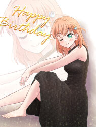 1girl ;) absurdres akihitohappy alternate_costume aqua_eyes armpit_crease bare_shoulders barefoot black_dress breasts commentary_request dress floral_print floral_print_dress foot_out_of_frame hair_ornament happy_birthday highres hinoshita_kaho link!_like!_love_live! long_dress looking_at_viewer love_live! medium_breasts one_eye_closed orange_hair print_dress rabbit_hair_ornament sitting sleeveless sleeveless_dress smile solo split_mouth toes two_side_up virtual_youtuber zoom_layer