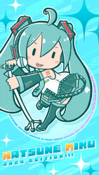 1girl ahoge aqua_boots aqua_hair aqua_skirt aqua_sleeves blue_background boots character_name commentary_request deformed detached_sleeves gotthi hatsune_miku highres holding holding_microphone holding_microphone_stand long_hair microphone microphone_stand music number_tattoo open_mouth singing single_tooth skirt solid_oval_eyes solo tattoo twintails very_long_hair vocaloid