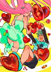 Rule 34 | alien stage, candy, closed eyes, dress, food, funny 822, green dress, grey hair, gummy bear, heart, highres, long hair, mizi (alien stage), pink hair, shirt, short hair, smile, spiral, sweets, tears, till (alien stage), white shirt, yellow background