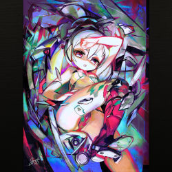1girl :o abstract arm_over_head arm_up bad_id bad_pixiv_id bare_legs bikini border breasts chibi cockpit colorful commentary_request faux_traditional_media female_focus green_bikini hand_on_leg headphones highres jnt leg_lift looking_at_viewer lying mechanical_legs medium_hair micro_bikini mismatched_bikini multicolored_bikini no_nipples open_mouth original pedal red_bikini red_eyes short_eyebrows signature single_mechanical_leg small_breasts solo swimsuit twintails white_hair