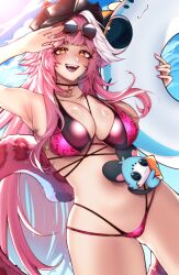 Rule 34 | 1girl, arm up, artist name, bikini, black bikini, black choker, black hat, blue innertube, blue sky, blush, bottle, breasts, chattino (raora panthera), choker, cloud, cloudy sky, commentary, day, english commentary, eyewear on head, fingernails, hat, highres, holding, holding bottle, holding swim ring, hololive, hololive english, holonatsu paradise, innertube, large breasts, leopard print bikini, long hair, looking at viewer, multicolored hair, nail polish, navel, outdoors, panther girl, panther tail, pink bikini, pink hair, pink nails, raora panthera, raora panthera (holonatsu paradise), saechi ng, shiny skin, sky, star (symbol), star choker, stomach, streaked hair, sunglasses, swim ring, swimsuit, tail, teeth, thighs, tongue, twitter username, virtual youtuber, yellow-framed eyewear, yellow eyes