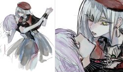 2girls amoris_(bang_dream!) bang_dream! bang_dream!_it&#039;s_mygo!!!!! black_shirt earrings green_hair grey_skirt hand_on_another&#039;s_waist hat holding_hands jewelry long_hair looking_at_another mortis_(bang_dream!) multiple_girls parted_lips pink_eyes purple_hair red_hat shirt short_hair simple_background skirt sleeveless sleeveless_shirt tima wakaba_mutsumi white_background yellow_eyes yuri yuutenji_nyamu