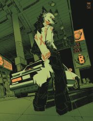 1boy animal_ears animal_nose artist_logo big_squid_man black_sky bracelet car denim dutch_angle facing_away fake_text film_grain fire_hydrant fox_boy fox_tail full_body furry gas_station halftone hatching_(texture) highres jewelry limited_palette logo looking_back motor_vehicle night original pillar price shirt sign sky snout spiked_bracelet spikes tail white_shirt x