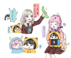 Rule 34 | . ., 5girls, :3, :d, ^ ^, aged down, ahoge, alternate costume, animal ears, anyoji hime, aqua neckerchief, biting, biting cheek, black hair, black ribbon, blonde hair, blue hoodie, blush, ceras yanagida lilienfeld, cheek pull, closed eyes, closed mouth, colored speech bubble, commentary, cropped torso, dress, dual persona, eighth note, fox ears, fox girl, fox tail, gradient hair, green eyes, grey hair, hair ribbon, handheld game console, heart, holding, holding handheld game console, holiday holiday (love live!), holiday holiday (tenko) (love live!), hood, hood down, hood up, hooded jacket, hoodie, horned hood, horns, invisible chair, ishikawa prefecture, jacket, link! like! love live!, long hair, long sleeves, love live!, medium dress, momose ginko, moso (expect66), multi-tied hair, multicolored hair, multiple girls, multiple views, musical note, neckerchief, nintendo switch, official alternate costume, open mouth, pink hair, pink jacket, pink ribbon, ponytail, ribbon, sailor collar, short eyebrows, short hair, simple background, sitting, sitting on lap, sitting on person, smile, speech bubble, spoken musical note, symbol-only commentary, tail, tearing up, thick eyebrows, v-shaped eyebrows, virtual youtuber, white background, white sailor collar, winter uniform, yellow hoodie