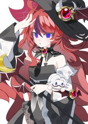 1boy 1girl aotsuki_eito bat_wings black_dress blue_eyes breasts detached_collar detached_sleeves dress genderswap genderswap_(mtf) glasses hair_between_eyes hand_up hat holding holding_chibi holding_staff long_hair long_sleeves multicolored_hair open_mouth parted_hair purple_hair red_eyes red_hair simple_background small_breasts staff streaked_hair sumino_takumi the_hundred_line_-last_defense_academy- white_background white_hair wings witch witch_hat