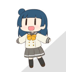 Rule 34 | 1girl, black eyes, blue hair, bow, bowtie, buttons, chibi, grey sailor collar, grey skirt, hair bun, loafers, long hair, long sleeves, love live!, love live! sunshine!!, miyako hito, necktie, pleated skirt, sailor collar, school uniform, serafuku, shoes, simple background, skirt, socks, solo, tsushima yoshiko, uranohoshi school uniform, white background, winter uniform, yellow bow, yellow bowtie, yellow necktie