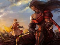 Rule 34 | 1boy, 1girl, akaneko (redakanekocat), armor, bag, black hair, breastplate, closed eyes, floating hair, gauntlets, hat, highres, long hair, male focus, nurse cap, pauldrons, pixiv fantasia, pixiv fantasia t, robe, scar, scar on face, shoulder armor, single pauldron, sitting, white robe