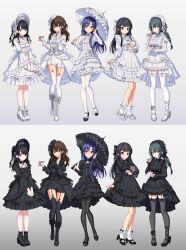 5girls absurdres black_boots black_dress black_hair black_hat black_pantyhose black_shoes black_socks black_thighhighs black_umbrella blue_eyes blue_hair blush boots brown_eyes brown_hair cake cake_slice closed_mouth commentary_request cup dress eating food fork frilled_dress frilled_umbrella frills full_body gakuen_idolmaster garter_straps green_eyes green_hair hat highres holding holding_cup holding_fork holding_plate holding_stuffed_toy holding_umbrella idolmaster idolmaster_(classic) idolmaster_cinderella_girls idolmaster_million_live! idolmaster_shiny_colors in-franchise_crossover kazano_hiori kisaragi_chihaya korean_commentary lace-up_boots lolita_fashion long_hair long_sleeves looking_at_viewer mogami_shizuka multiple_girls nonanonnon6u6 pantyhose plate shibuya_rin shoes skirt_hold smile socks standing stuffed_animal stuffed_toy teddy_bear thighhighs tsukimura_temari umbrella white_boots white_dress white_hat white_pantyhose white_shoes white_socks white_thighhighs white_umbrella