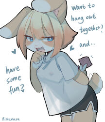 1girl :d animal_ears black_shorts blue_eyes blush bob_cut breasts bright_pupils commentary condom covered_erect_nipples dolphin_shorts english_commentary english_text furry furry_female gradient_hair half-closed_eyes hand_to_own_mouth heart holding holding_condom leaning_forward multicolored_hair naughty_face no_bra open_mouth original rabbit_ears rabbit_girl rabbit_tail rimamaru see-through_silhouette shirt short_sleeves shorts signature simple_background smile solo tail tail_wagging white_background white_pupils white_shirt