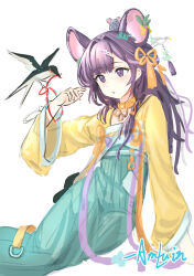 Rule 34 | 1girl, :o, absurdres, animal, animal ears, aqua skirt, arknights, arm up, bird, chinese commentary, commentary, english commentary, feet out of frame, hair intakes, hair ornament, hair ribbon, hairclip, highres, long hair, long sleeves, looking at animal, lutonada (arknights), lutonada (sending thoughts) (arknights), mixed-language commentary, mouse (animal), mouse ears, mouse girl, official alternate costume, parted lips, purple eyes, purple hair, quietmrcat, red ribbon, ribbon, shirt, simple background, sketch, skirt, solo, white background, yellow collar, yellow ribbon, yellow shirt
