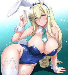 1girl animal_ear_hairband animal_ears aqua_background arm_support blonde_hair blue_leotard braid breasts cocoa_(cocoa0191) cowboy_shot detached_collar fake_animal_ears gradient_background green_necktie hair_ornament hairband hairclip large_breasts leotard long_hair low-tied_long_hair mahjong mahjong_fight_girl mahjong_tile nanatsuno_tsumire necktie playboy_bunny rabbit_ears rabbit_tail single_braid sitting solo sparkle_background strapless strapless_leotard tail thighhighs white_thighhighs wrist_cuffs yokozuwari