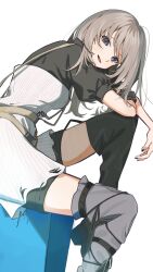 Rule 34 | 1girl, absurdres, black boots, black shirt, black shorts, black thighhighs, boots, commentary, full body, girls band cry, grey boots, grey eyes, grey hair, grey thighhighs, highres, kawaragi momoka, kuji (orca9ji), long hair, looking at viewer, mismatched thighhighs, multicolored hair, open mouth, roots (hair), shirt, short sleeves, shorts, simple background, sitting, solo, thigh boots, thighhighs, white background