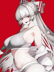 Rule 34 | 1girl, absurdres, alternate costume, armpits, blunt bangs, bow, breasts, commentary, cowboy shot, fujiwara no mokou, grey hair, grey panties, grey sports bra, hair bow, hair intakes, highres, large breasts, long hair, looking at viewer, navel, off shoulder, open clothes, open mouth, open shirt, panties, red background, red eyes, shirt, simple background, smile, solo, sports bra, standing, stomach, sweat, touhou, underwear, very long hair, vxdrq, white bow, white shirt