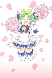 1girl animal_hat anzu_yoshihiro arm_up bell cat_hat covered_navel dejiko di_gi_charat dress full_body gradient_background green_hair hat highres holding holding_pom_poms jingle_bell jumping open_mouth pom_pom_(cheerleading) pom_poms white_dress