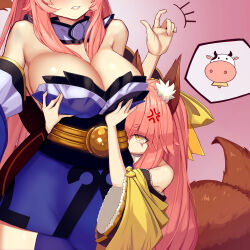 2girls anger_vein animal_ear_fluff animal_ears bare_shoulders blue_kimono bow braid breast_envy breasts cleavage cow detached_collar detached_sleeves fate/extra fate/samurai_remnant fate_(series) fox_ears fox_girl fox_tail grabbing_another&#039;s_breast groping hair_between_eyes hair_bow highres japanese_clothes kapi-san kimono large_breasts long_hair multiple_girls obi off_shoulder pink_hair sash sidelocks small_breasts speech_bubble tail tamamo_(fate) tamamo_aria_(fate) tamamo_no_mae_(fate/extra) twintails wide_sleeves yellow_bow yellow_eyes yellow_kimono