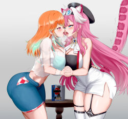 2girls absurdres animal_ear_fluff animal_ears aqua_eyes bare_arms bare_shoulders beret bikini bikini_top_only bikini_under_clothes black_hat black_tube_top blush breast_press breasts cleavage commentary denim denim_shorts earrings english_commentary eye_contact eyeshadow feather_earrings feathers food goggles goggles_on_head green_bikini grey_background hair_intakes hand_on_another&#039;s_waist hat highres holding_hands hololive hololive_english jadf jewelry kiss large_breasts long_hair looking_at_another makeup multicolored_hair multiple_girls navel official_alternate_costume open_clothes open_fly open_mouth open_shorts orange_hair panther_ears panther_girl panther_tail pink_eyeshadow pink_hair pocky purple_eyes raora_panthera saliva saliva_trail see-through_clothes see-through_shirt shirt shorts simple_background skindentation skirt stiff_tail strapless streaked_hair swimsuit symmetrical_docking table tail takanashi_kiara takanashi_kiara_(casual) thick_thighs thighhighs thighs trembling tube_top very_long_hair vest virtual_youtuber white_hair white_shirt white_skirt white_thighhighs white_vest yuri