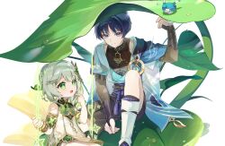1boy 1girl anemo_symbol_(genshin_impact) arm_up armlet armor belt between_legs bird black_belt black_bodysuit black_bow black_bridal_gauntlets black_hakama black_shorts black_socks blue_cape blue_gemstone blue_kimono blue_sleeves blunt_ends bodysuit bow bracelet bridal_gauntlets cape closed_mouth cross-shaped_pupils detached_sleeves didtldms0312 dress eyelashes eyeliner eyeshadow finch full_body furisode gem genshin_impact gold green_eyes green_sleeves hair_ornament hakama hakama_shorts half_crown_braid han&#039;eri hand_between_legs hand_up highres index_finger_raised japanese_armor japanese_clothes jewelry kimono kote kurokote layered_kimono layered_sleeves leaf leaf_hair_ornament leg_warmers long_hair looking_at_another looking_at_viewer makeup mandarin_collar nahida_(genshin_impact) on_swing open_clothes open_kimono open_mouth outdoors parted_bangs plant pleated_shorts pointing pointing_at_self purple_eyes purple_rope red_eyeliner red_eyeshadow rope scaramouche_(genshin_impact) short_sleeves shorts shoulder_peek side_ponytail sidelocks sitting socks split_mouth swing symbol-shaped_pupils tareme tassel tsurime vision_(genshin_impact) wanderer_(genshin_impact) white_background white_dress white_hair white_kimono white_leg_warmers white_sleeves white_trim