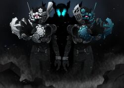 3boys absurdres antennae black_background black_bodysuit bodysuit compound_eyes cowboy_shot engine engine_bro&#039;s gears glowing green_eyes highres kamen_rider kamen_rider_build_(series) kamen_rider_rogue male_focus multiple_boys open_hands otokamu red_eyes remocon_bro&#039;s shadow steam symmetrical_hand_pose symmetrical_pose