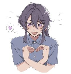 1boy :d ahoge blue_shirt blush casual collared_shirt cropped_torso ensemble_stars! hair_between_eyes hair_intakes heart heart_arms highres kanzaki_souma long_hair looking_at_viewer male_focus open_mouth ponytail purple_eyes purple_hair shirt short_sleeves shout_lines sidelocks simple_background smile solo spoken_heart white_background whiten_wolf wing_collar