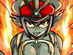 1girl army_uniform breasts cleavage colored_skin fire glasses green_skin large_breasts newt_(xenoblade) nintendo short_hair solo xenoblade_chronicles_(series) xenoblade_chronicles_2